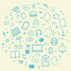 Abstract pattern with school supplies. Graphic paper background. Checkered texture. Back to school. Set of different signs. Hand drawn elements. Illustration for banners, flyers or posters