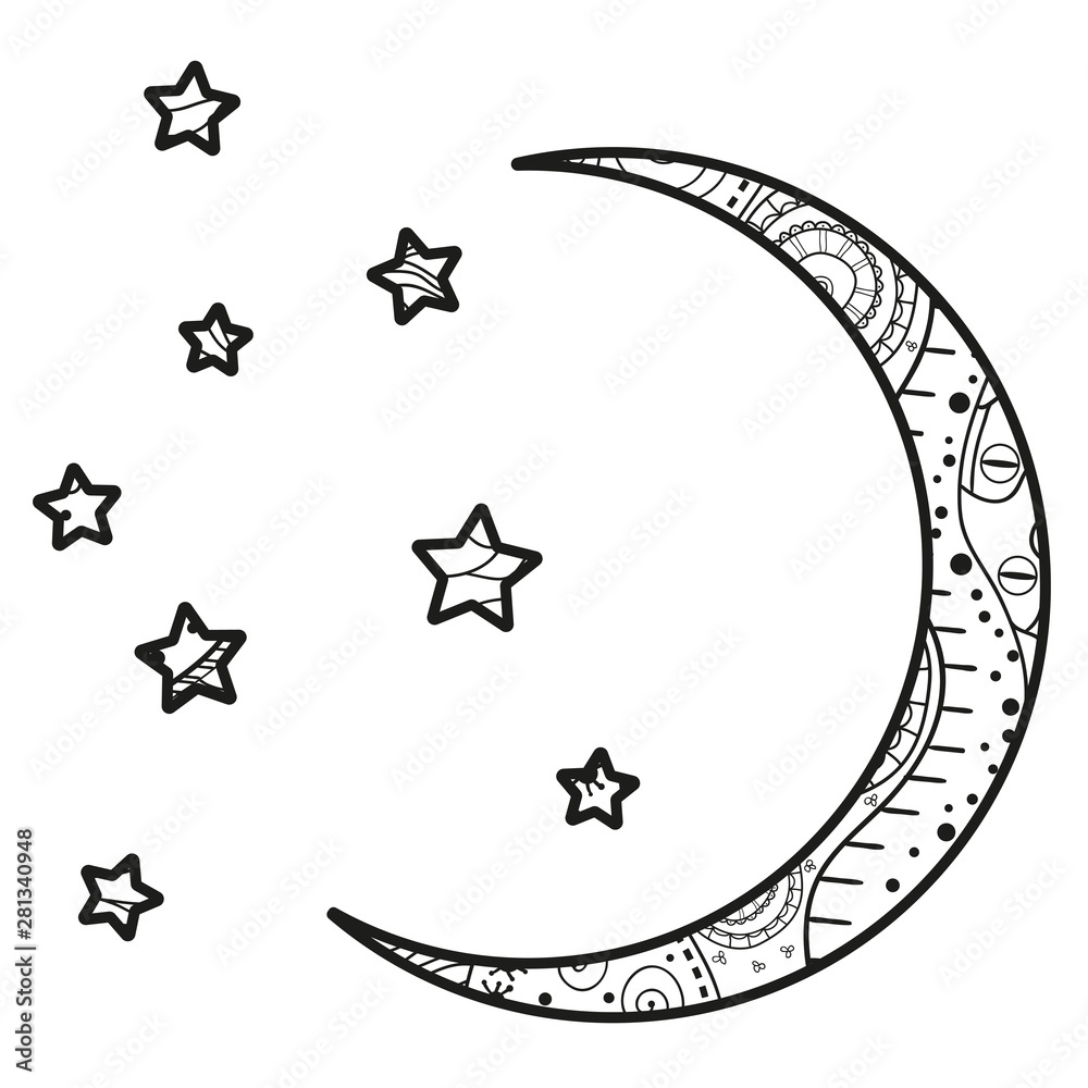 Wall mural crescent moon with stars with abstract patterns on isolation background. design for spiritual relaxa