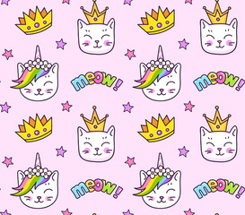 Cute cats muzzles and meow. Seamless pattern for children, babies and kids. Vector illustration.