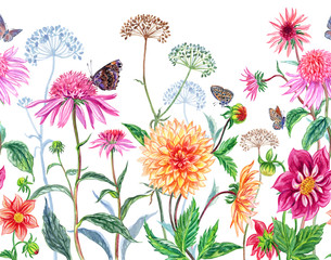 Fototapeta na wymiar Seamless border of summer flowers: dahlias and echinacea with flying butterflies on a white background, watercolor illustration, print for fabric and other designs.