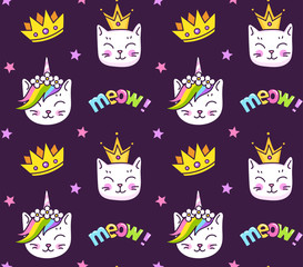 Kittens, stars, meow on a dark violet background. Seamless pattern for children, kids, babies. Vector print for bed linen, texture, fabric, clothes, t-shirt.
