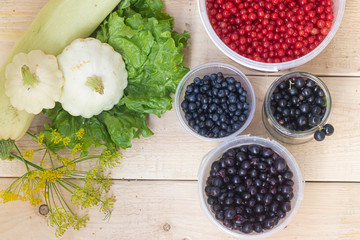 Berries from his garden. Garden berries. Berries from the bushes. Red currant black currant gooseberry. Variety of berries.