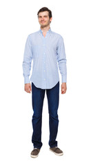 Front view of man in jeans. Standing young guy.