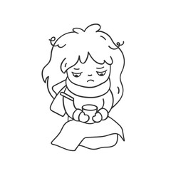 Sick sad little girl with a thermometer and scarf. Cute cartoon character for emoji, sticker, pin, patch, badge.