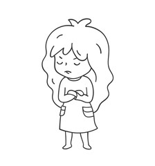 Fototapeta premium Offended little girl, arms folded. Cute cartoon character for emoji, sticker, pin, patch, badge.