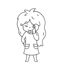 Funny little girl makes faces and sticks out tongue. Cute cartoon character for emoji, sticker, pin, patch, badge.