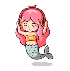 Mermaid listening to music with eyes closed. Kawaii cartoon character. Vector illustration.
