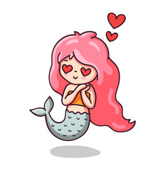 Mermaid in love with hearts eyes. Kawaii cartoon character. Vector illustration.