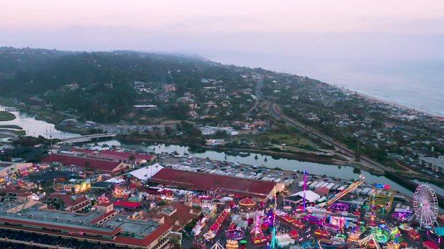 aerial view of the Del Mar funfair San Diego California USA. Pull-out shot from drone