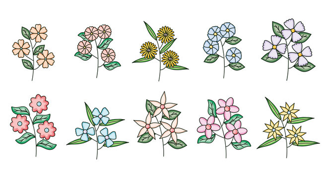 set of flowers and leafs garden icons