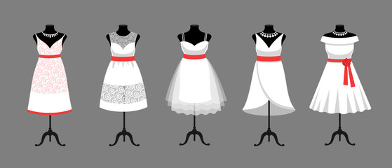 Set of short white wedding, evening, cocktail dresses in different styles.