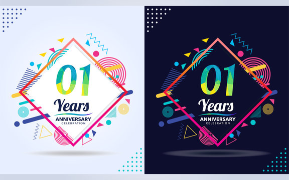1 years anniversary with modern square design elements, colorful edition, celebration template design.