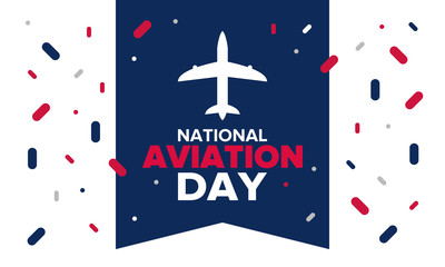 National Aviation Day in United States. Holiday, celebrated annual in August 19. Design with airplane and american flag. Patriotic element. Poster, greeting card, banner and background. Vector illustr