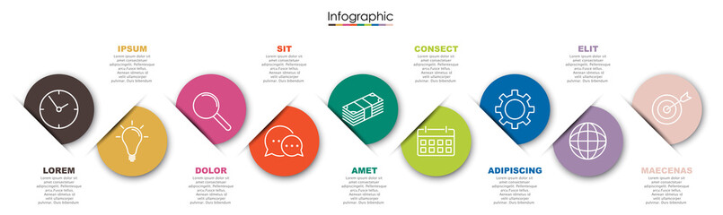Vector infographic template with nine steps or options. Illustration presentation with line elements icons.  Business concept design can be used for web, brochure, diagram