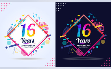 16 years anniversary with modern square design elements, colorful edition, celebration template design.
