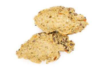 Group of two slices of crumbly fresh cereal baguette flatlay isolated on white background