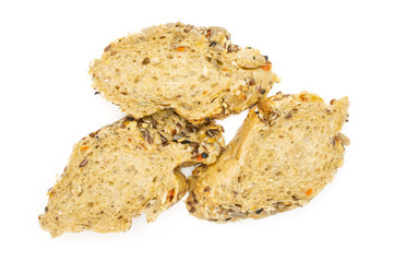 Group of three slices of fresh cereal baguette flatlay isolated on white background
