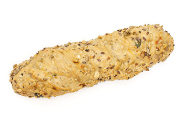 One whole fresh cereal baguette flatlay isolated on white background