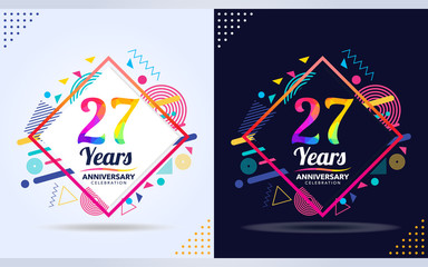 27 years anniversary with modern square design elements, colorful edition, celebration template design