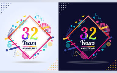 32 years anniversary with modern square design elements, colorful edition, celebration template design