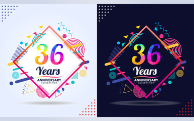 36 years anniversary with modern square design elements, colorful edition, celebration template design