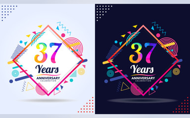 37 years anniversary with modern square design elements, colorful edition, celebration template design