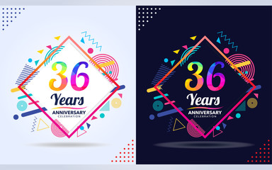 36 years anniversary with modern square design elements, colorful edition, celebration template design.
