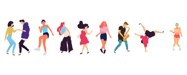 Crowd of young people dancing at club. Big set of characters having fun at party. Flat colorful vector illustration.