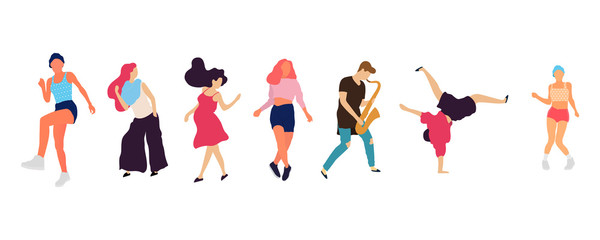 Naklejka premium Crowd of young people dancing at club. Big set of characters having fun at party. Flat colorful vector illustration.