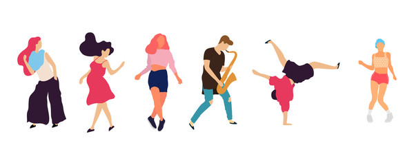 Crowd of young people dancing at club. Big set of characters having fun at party. Flat colorful vector illustration.