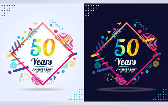 50 years anniversary with modern square design elements, colorful edition, celebration template design.