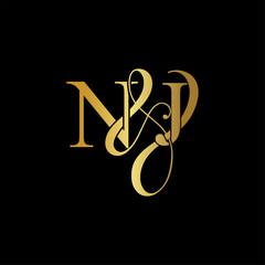 Initial letter N & J NJ luxury art vector mark logo, gold color on black background.