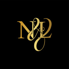 Initial letter N & L NL luxury art vector mark logo, gold color on black background.