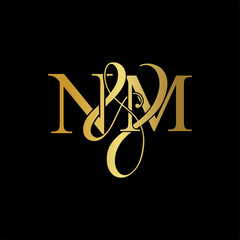 Initial letter N & M NM luxury art vector mark logo, gold color on black background.