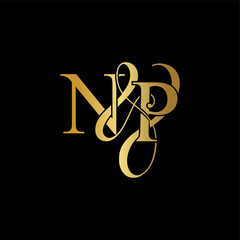 Initial letter N & P NP luxury art vector mark logo, gold color on black background. - obrazy, fototapety, plakaty