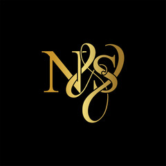 Initial letter N & S NS luxury art vector mark logo, gold color on black background.