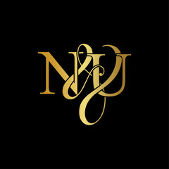 Initial letter N & U NU luxury art vector mark logo, gold color on black background. © ZafieraStudio