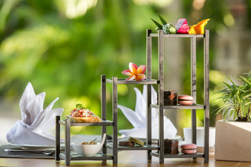 Beautiful elegant afternoon tea arrangement on the table