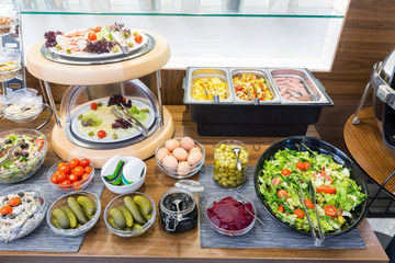 Buffet table, breakfast in hotel restaurant