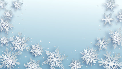 Fototapeta na wymiar Christmas illustration of white complex paper snowflakes with soft shadows on light blue background