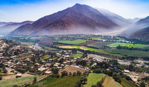 Aerial drone view of crop fields at Chillon valley near Lima, Peru.