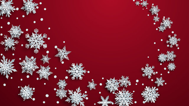 Christmas illustration with white complex paper snowflakes with soft shadows on red background