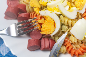  delicious fast lunch, dry pasta, eggs and sausage with cheese batter