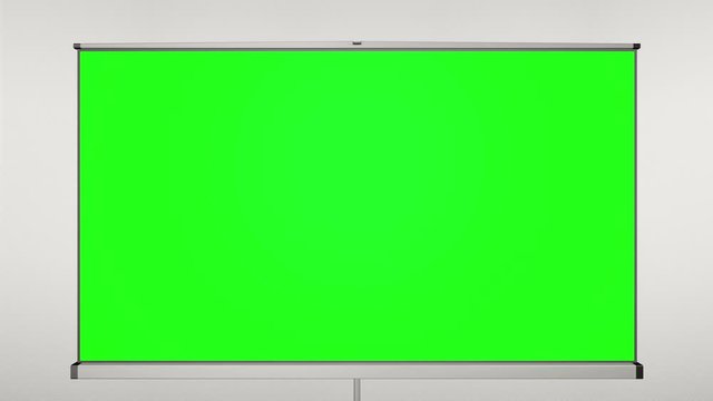 Projection cinema screen pull-down and camera zoom to green screen.  White wall behind tripod. 60 fps animation.