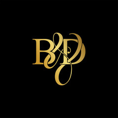 Initial letter B & D BD luxury art vector mark logo, gold color on black background.