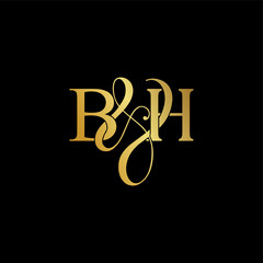 Initial letter B & H BH luxury art vector mark logo, gold color on black background.