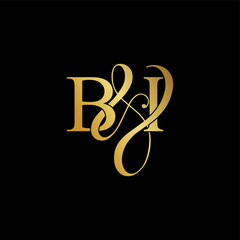 Initial letter B & I BI luxury art vector mark logo, gold color on black background.