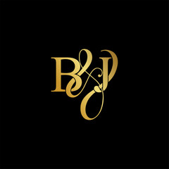 Initial letter B & J BJ luxury art vector mark logo, gold color on black background.