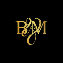 Initial letter B & M BM luxury art vector mark logo, gold color on black background.