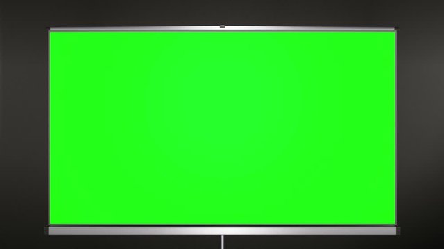 Projection cinema screen pull-down and camera zoom to green screen.  Black wall behind tripod. 60 fps animation.